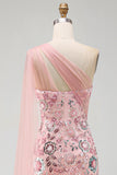 Mermaid Beaded Sparkly Pink Long Mother of the Bride Dress with Side Cape