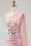 Mermaid Beaded Sparkly Pink Long Mother of the Bride Dress with Side Cape