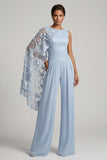 Sky Blue Floral Boat Neck Long Mother of the Bride Jumpsuits with Side Cape