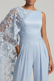 Sky Blue Floral Boat Neck Long Mother of the Bride Jumpsuits with Side Cape