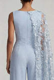 Sky Blue Floral Boat Neck Long Mother of the Bride Jumpsuits with Side Cape