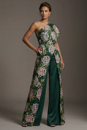 Dark Green Floral One Shoulder Long Mother of the Bride Jumpsuits with Pockets