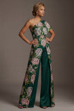 Dark Green Floral One Shoulder Long Mother of the Bride Jumpsuits with Pockets
