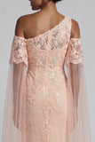 Sparkly Peach Floral Mermaid Long Beaded Mother of the Bride Dress with Cape