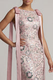 Long Beaded Boat Neck Mermaid Sparkly Pink Mother of the Bride Dress with Bows