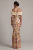 Off the Shoulder Floral Mermaid Sparkly Yellow Long Mother of the Bride Dress with Bow