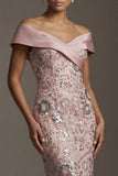 Sparkly Pink Long Off the Shoulder Mermaid Beaded Mother of the Bride Dress