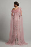 Sparkly Pink Ruffled Mermaid Beaded Long Mother of the Bride Dress with Cape