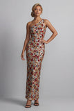 Sparkly Red One Shoulder Floral Mermaid Sequin Long Mother of the Bride Dress