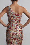 Sparkly Red One Shoulder Floral Mermaid Sequin Long Mother of the Bride Dress