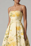 Yellow A Line Spaghetti Straps High Low Floral Dress