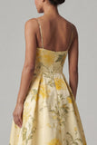 Yellow A Line Spaghetti Straps High Low Floral Dress