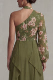 Eucalyptus One Shoulder Floral Halter A Line Ruffled Mother of the Bride Dress