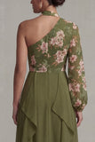 Eucalyptus One Shoulder Floral Halter A Line Ruffled Mother of the Bride Dress