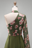 Eucalyptus One Shoulder Floral Halter A Line Ruffled Mother of the Bride Dress