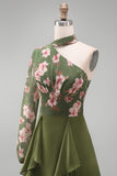 Eucalyptus One Shoulder Floral Halter A Line Ruffled Mother of the Bride Dress
