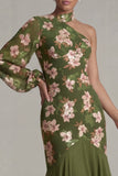 Eucalyptus Halter Mermaid One Shoulder Mother of the Bride Dress with Long Sleeves