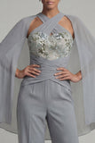 Grey Blue Appliqued Halter Mother of the Bride Jumpsuit with Cape