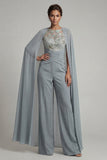 Grey Blue Appliqued Round Neck Motherof the Bride Jumpsuit with Cape