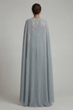 Grey Blue Appliqued Round Neck Motherof the Bride Jumpsuit with Cape