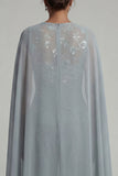 Grey Blue Appliqued Round Neck Motherof the Bride Jumpsuit with Cape