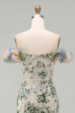 Dusty Sage Off the Shoulder Mermaid Sequin Mother of the Bride Dress with 3D Flowers
