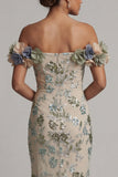 Dusty Sage Off the Shoulder Mermaid Sequin Mother of the Bride Dress with 3D Flowers