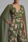 Eucalyptus V Neck Floral Mother of the Bride Jumpsuit with Cape