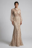 Champagen High Neck Mermaid Appliqued Mother of the Bride Dress with Bow