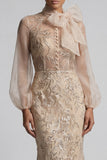 Champagen High Neck Mermaid Appliqued Mother of the Bride Dress with Bow