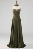 Olive Strapless A Line Appliqued Mother of the Bride Dress with Scarf