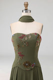 Olive Strapless A Line Appliqued Mother of the Bride Dress with Scarf