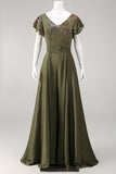 Olive Appliqued V Neck Mother of the Bride Jumpsuit with Flutter Sleeves