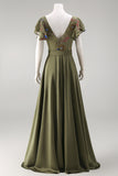 Olive Appliqued V Neck Mother of the Bride Jumpsuit with Flutter Sleeves