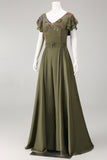 Olive Appliqued V Neck Mother of the Bride Jumpsuit with Flutter Sleeves
