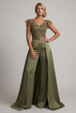 Olive Appliqued V Neck Mother of the Bride Jumpsuit with Flutter Sleeves