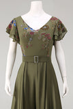 Olive Appliqued V Neck Mother of the Bride Jumpsuit with Flutter Sleeves