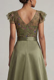 Olive Appliqued V Neck Mother of the Bride Jumpsuit with Flutter Sleeves