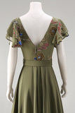 Olive Appliqued V Neck Mother of the Bride Jumpsuit with Flutter Sleeves