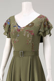 Olive Appliqued V Neck Mother of the Bride Jumpsuit with Flutter Sleeves