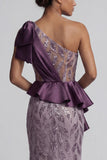Sparkly One Shoulder Purple Mermaid Sequin Mother of the Bride Dress with Slit