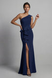 Navy One Shoulder Long Beaded Mermaid Mother of the Bride Dress with Ruffles