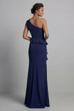 Navy One Shoulder Long Beaded Mermaid Mother of the Bride Dress with Ruffles
