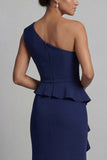 Navy One Shoulder Long Beaded Mermaid Mother of the Bride Dress with Ruffles