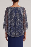 Sparkly Navy Sequins V-Neck Mermaid Mother Of the Bride Dress with Cape