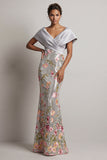 Sparkly Silver Floral V-Neck Sequin Mermaid Long Mother Of the Bride Dress