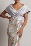 Sparkly Silver Floral V-Neck Sequin Mermaid Long Mother Of the Bride Dress