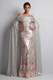 Sparkly Silver Sequin Floral Mermaid Long Mothe Of the Bride Dress with Cape