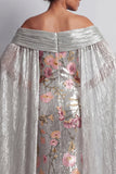 Sparkly Silver Sequin Floral Mermaid Long Mothe Of the Bride Dress with Cape