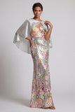 Sparkly Floral Silver Sequin Mermaid Long Mother Of the Bride Dress with Cape
